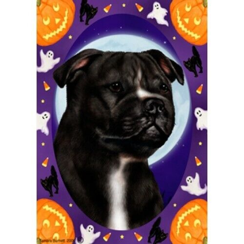 Halloween Garden Flag - Black and White Staffordshire Bull Terrier 122311