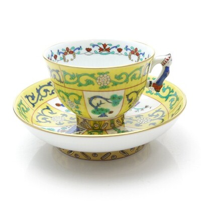 HEREND Chinoiserie SJ Xi'an Yellow Coffee Cup 110ml & Saucer Made in Hungary