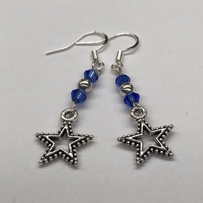 New Star Dangle Earrings Blue Bead Accent Silver Plated EarWires Cowboy Texas