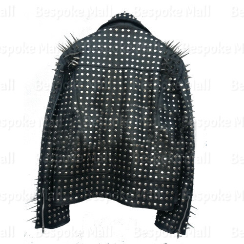 Pre-owned Handmade Men's Full Black Punk Silver Long Spiked Studded Leather Brando Jacket-793