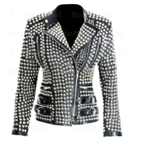 Pre-owned Handmade Woman's  Punk Silver Studded Brando Biker Cowhide Leather Jacket-814