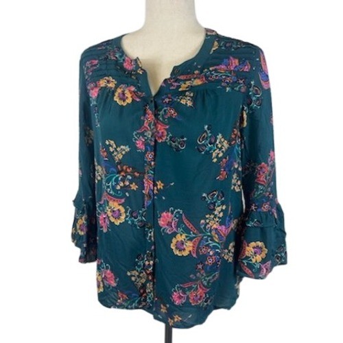 Maeve Anthropologie Blouse Women's Size Small Teal Floral Paisley Ruffle Cuff