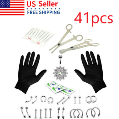 41PCS Professional Body Piercing Tool Kit Ear Nose Navel Nipple Needles ;NG