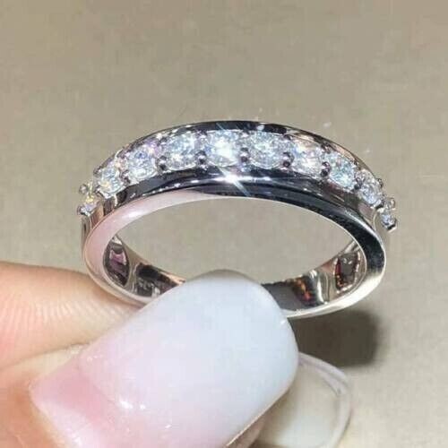 Round Simulated Diamond Half Eternity Wedding Band Ring 14k White Gold Plated