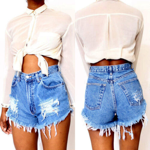 Damen Destroyed Denim Shorts Jeans Hotpants High Waist Bermuda Zerrissen Hosen