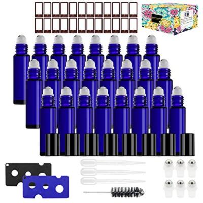 Glass Roller Bottles，24 Pack 10ml Cobalt Blue Roller Bottles for Essential Oi...