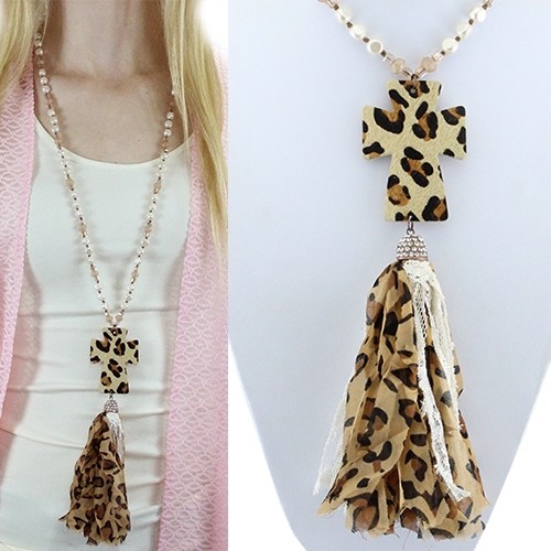 Western Long Crystal Beaded Faux Hide Leopard Print Cross Tassel Necklace 32