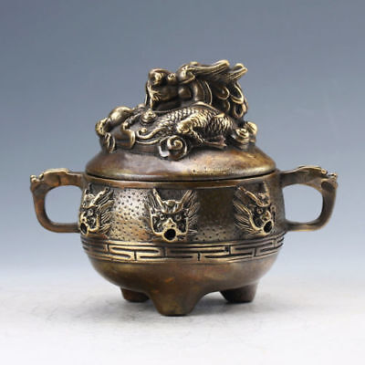 CHINA OLD BRASS HANDWORK INCENSE BURNER DRAGONS PLAY WITH A PEARL XUANDE MARK RN
