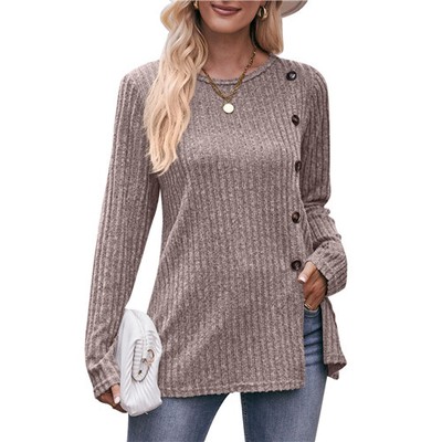 Ladies T Shirt Crew Neck Tops Womens Casual Long Sleeve Work T-shirt Comfy Split