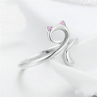 Women 925 Silver Filled Party Ring Animal Jewelry Cute Cat Ring Gifts Adjustable