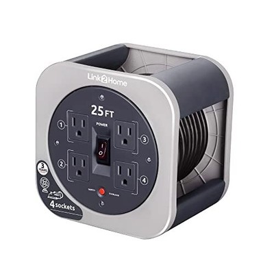 Link2Home 25 Ft.Heavy Duty Retractable Extension Cord Reel With 4 Outlets & 1...
