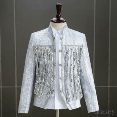 Men's Shinning Sequins Short Jackets DJ Costume Dance Blazer Stand Collar Coats 
