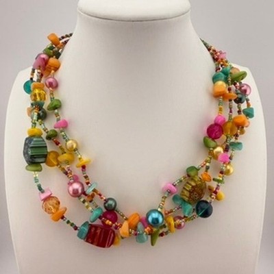 Multistrand Colorful Beaded Necklace Glass Plastic Mixed Media Boho Statement