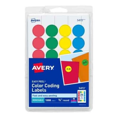 Avery Color Coding Dot 1008 Labels 3/4'' Round Removable Asst Color School Office