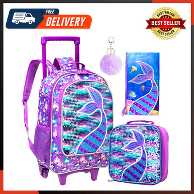 3PCS Rolling Backpack for Girls Kids Roller Wheels Bookbag Wheeled School Bag
