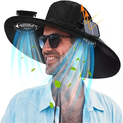 Solar USB Powered Fan Outdoor Fishing Camping Sunscreen Sun Hat with Dual Fans