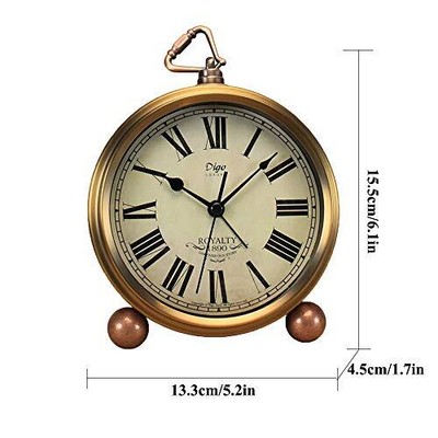 Table Clock Golden Metal Retro Non-Ticking Alarm Clock for Bedroom Vintage Ba...