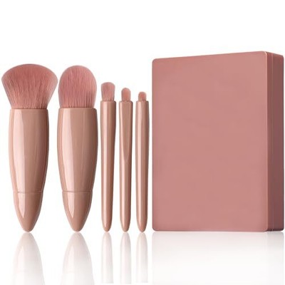 Pink Easy-taken Travel Makeup Brush Set with Mirror, 5 pcs Mini Complete 