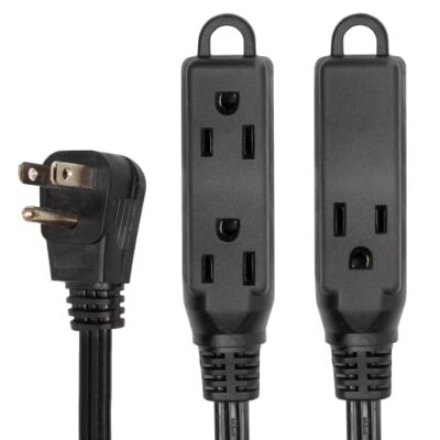 8 Ft Extension Cord with 3 Electrical Power Outlet - 16/3 Durable Black Cable