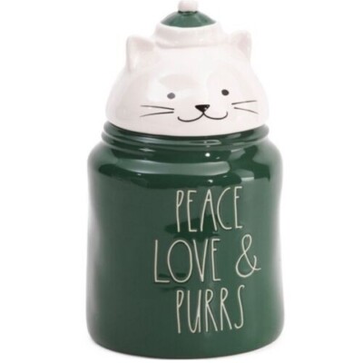 Rae Dunn ''PEACE LOVE PURRS' Green & White Kitty Canister Jar 5'' X 12'' NIB