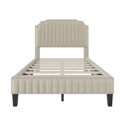 Full Size Modern Linen Curved Upholstered Platform Bed Solid Wood Bed Frame