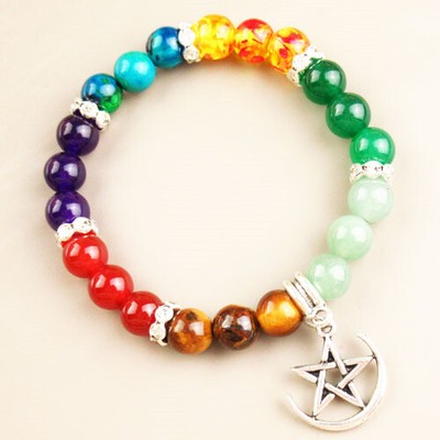 Rainbow 7 Chakra Gemstone Round Ball Yoga Energy Stretchy Bracelet 7.5 Inch 