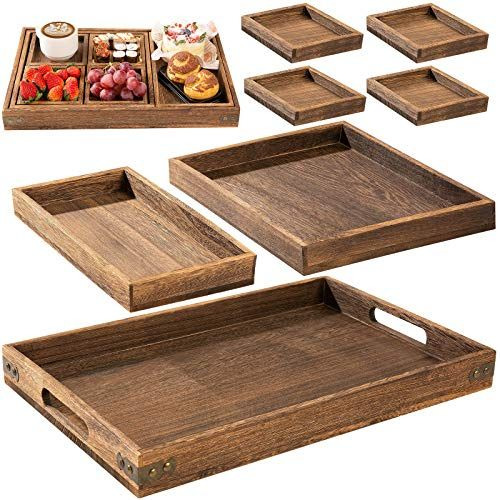 Rustic Wooden Serving Trays with Handle -Decorative Tray Set 17.9*11.6inches 