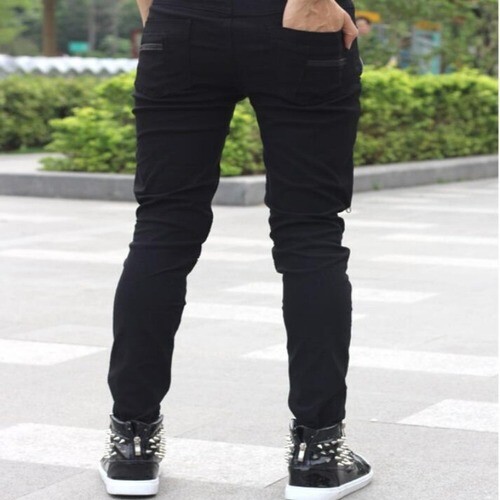 Mens Punk Skinny Pants for Man Cotton Pants Zipper Slim Fit