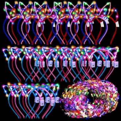 50 Pcs Led Cat Ear Headbands Bulk, Light up Flower Headband Glow Crown Rabbit Ea