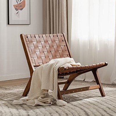 , Woven Leather Midcentury Modern Patio Lounge Chair With Hi