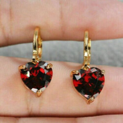 4Ct Heart Cut Red Garnet Solitaire Drop Dangle Earrings 14K Yellow Gold Finish