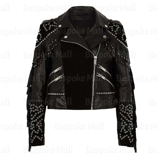 Pre-owned Handmade Women Brando Stylish Silver Studs Black Cowhide Leather Jacket-224
