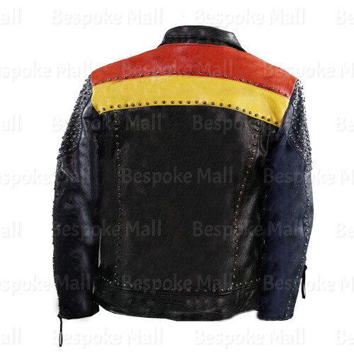 Pre-owned Handmade Men Multi-color Silver Studded Brando Style Biker Cowhide Leather Jacket-926 In Multicolor
