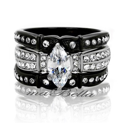 Wedding Engagement Ring Band Set  Black Stainless Steel Titanium His & Hers