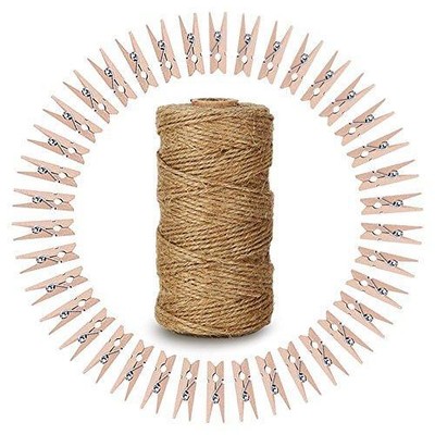 328 Feet Natural Jute Twine with 100 Pcs Mini Natural Wooden Clothespins Photo
