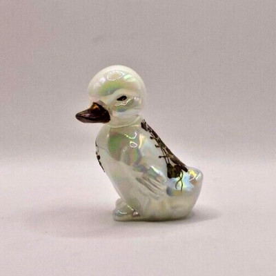 Fenton Art Glass Opal Iridescent Duckling w/Brown Beak and Flowers, 5169 -- New