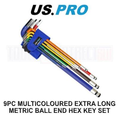US PRO Tools 9PC Multicoloured Extra Long Metric Ball End Hex Key Set 1.5 - 10mm