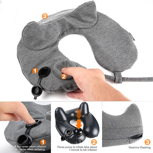 Inflatable Travel Pillow Neck Support 3D Hump Design with Packsack