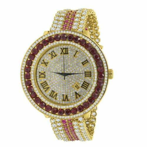 Pre-owned Ice House Mens Custom Big Face Xxl Multi Cz Red & Yellow Remove Able Bezel Wrist Watch