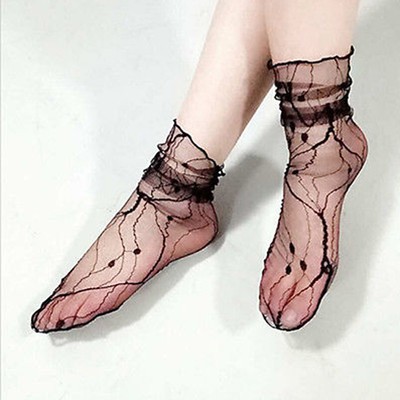 TREE LEAF VEINS Women  Lace Ruffle Fishnet Mesh Black Ankle Socks Short Socks US