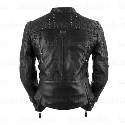 Pre-owned Handmade Women's Black Silver Studded Quilted Brand Cowhide Biker Leather Jacket-83
