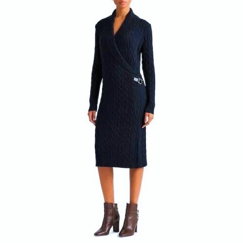 Ralph Lauren Women's Cable Knit Buckle Trim Sweater Dress