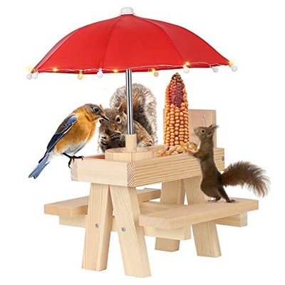 Hanging Squirrel Feeder with Umbrella Picnic Table Design with String Lights