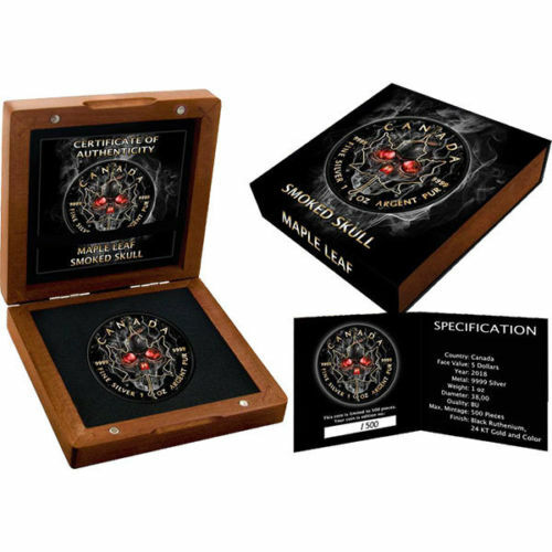 5 dollars 2018 Maple Leaf Smoke Skull 1 oz silver & Black ruthenium Low mintage