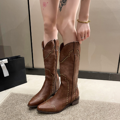 Studded Boots Women 2023 Low Heel Cowboy Chelsea Western Short
