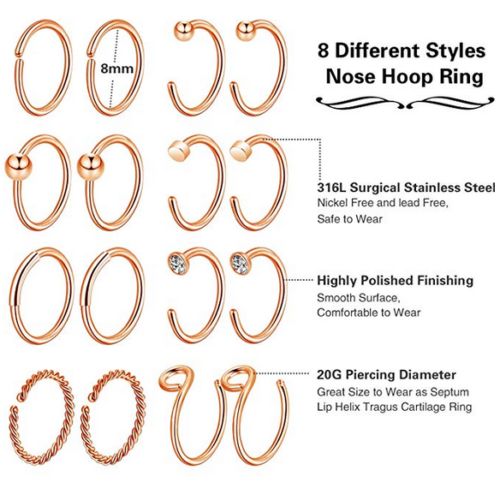 32PCS Nose Hoop Rings L Shaped Pin Studs 20G Surgical Steel Piercing Jewelry Set