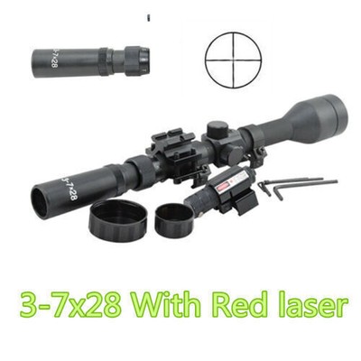 Hunting Set 3-7x28 Rifle Gun Optics Scope +Red Laser Sight + 11mm Rail Mounts