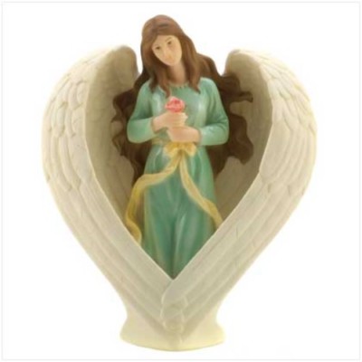 BLISSFUL HEARTFORM ANGEL HOLDING A ROSE FIGURINE