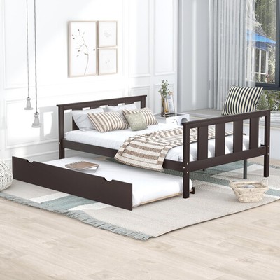 Wood Platform Bed with Pull Out Trundle and rolling wheels,For Home Bedroom US