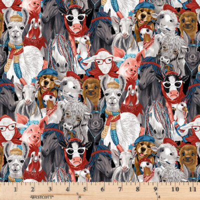 Dressed Up On The Farm Grey Animal Collage Fabric  Half yard continuous cuts